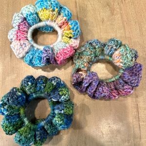 Handmade crochet scrunchies in sets of three